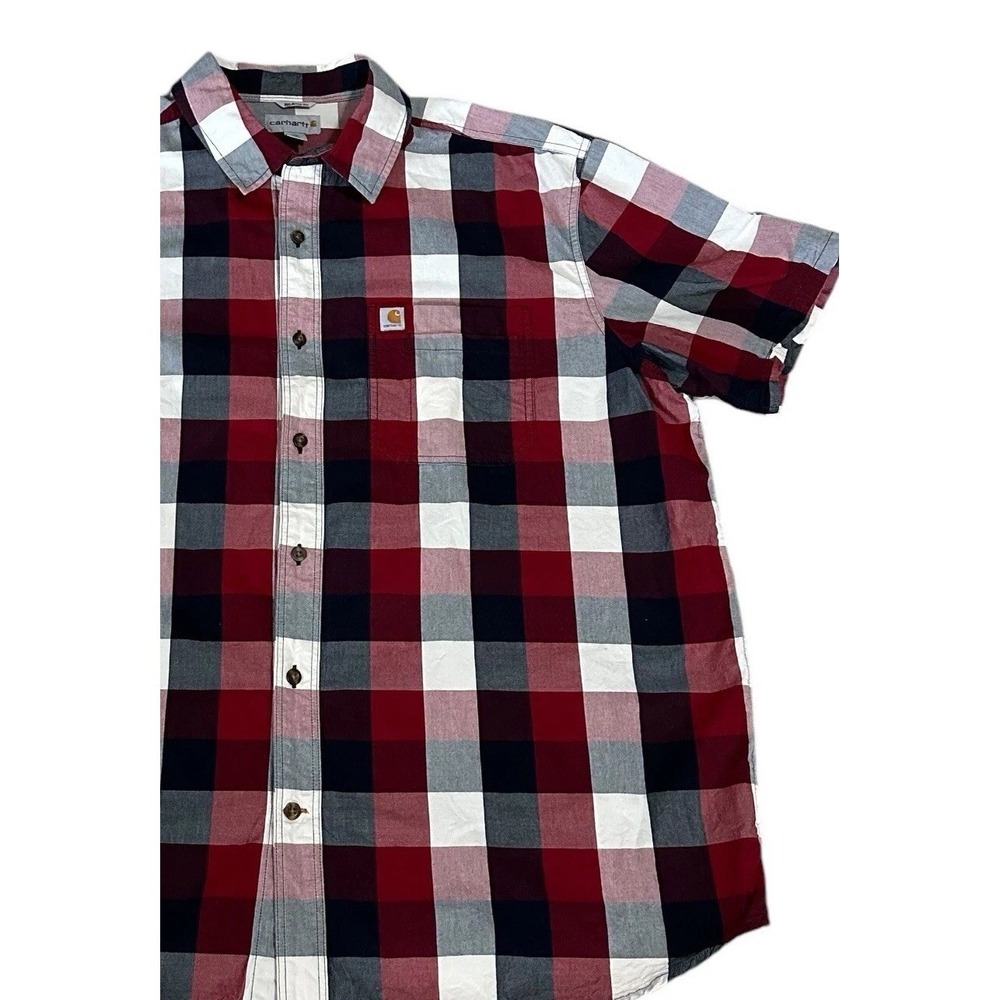 Carhartt Red White Blue Button Up Shirt Men 2XL Relaxed Fit Short Sleeve Relaxed